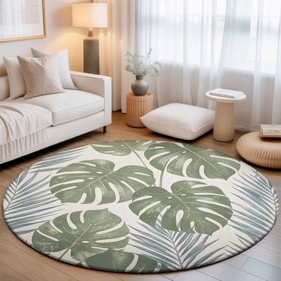 Gray Green Leaves Washable Round Area Rug 3 ft, Summer Plant Monstera Deliciosa Palm Leaves, Soft Non Slip Rugs Stain Repellent Indoor Felt Carpet for Living Dining Room Bedroom Home Office