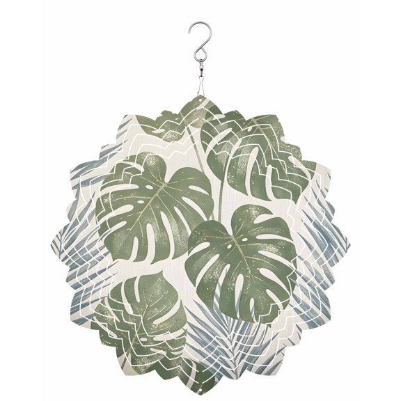 Gray Green Leaves Wind Spinner for Garden Yard 8In, Summer Plant Monstera Deliciosa Palm Leaves 3D Stainless Steel Kinetic Hanging Wind Spinners Rustproof Outdoor Decor for Lawn Patio Home