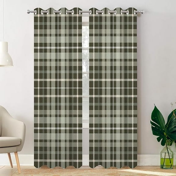 Gray Green Plaid Pattern Blackout Curtains For Bedroom, Green Brown Retro Tartan Grommet Top Drapes Thermal Insulated Window Curtains 42"W x 108"L (Pack of 2)