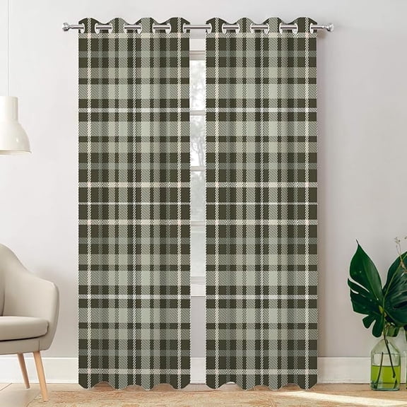 Gray Green Plaid Pattern Blackout Curtains For Bedroom, Scottish Green Brown Retro Tartan Grommet Top Drapes Thermal Insulated Window Curtains 42"W x 84"L (Pack of 2)