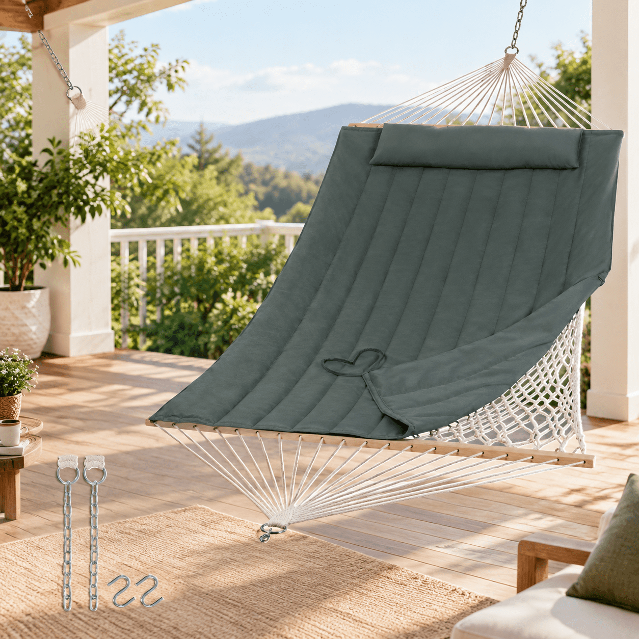 Gray Green Portable Double Rope Hammock with Pad for Garden Yard Patio ...