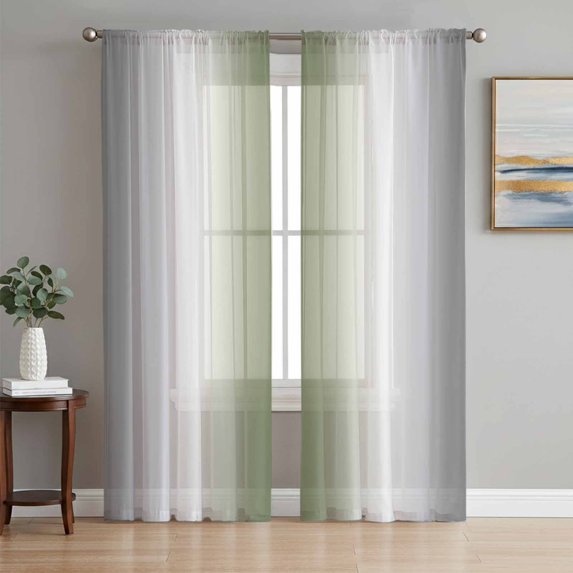 Gray Green Semi Sheer Curtains 72 Inch Length 2 Panels Set, Modern Gradient Geometric Sheer Kitchen Curtain Privacy Voile Window Curtain for Living Room Bedroom Rod Pocket Drapes