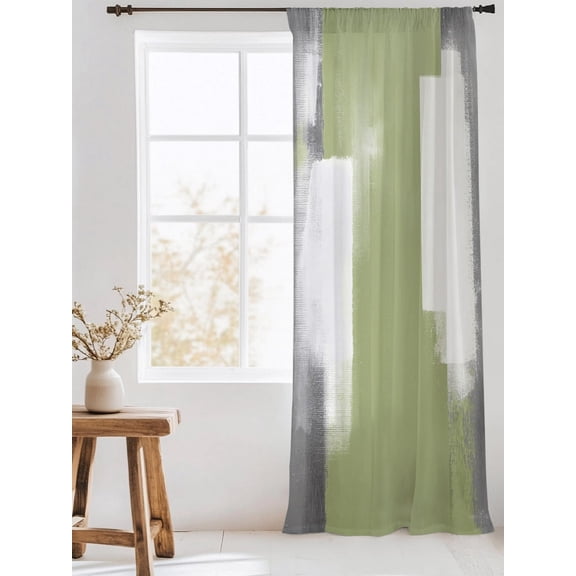 Gray Green Sheer Curtains 108 Inch Long 1 Panel Abstract Grey White Green Color Gradient Rustic Boho Light Filterring Curtain Drapes Voile Window Curtain for for Living Room Bedroom 52" x 108"