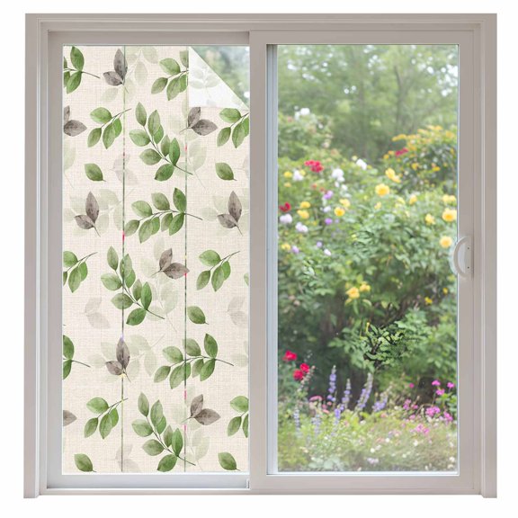 Gray Green Window Privacy Film Eucalyptus Leaves Linen Background Decorative Glass Window Film UV Blocking Static Cling Non-Adhesive Sticker Covering for Home Door 35.4x78.7 inches