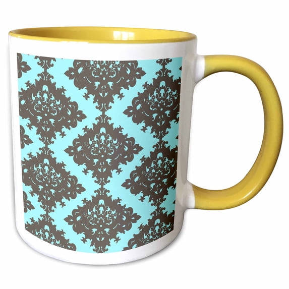 3drose, Gray Grey and Light Powder Blue Diamond Pattern Ornate Elegant Damask, 11oz Two-tone Yellow Mug