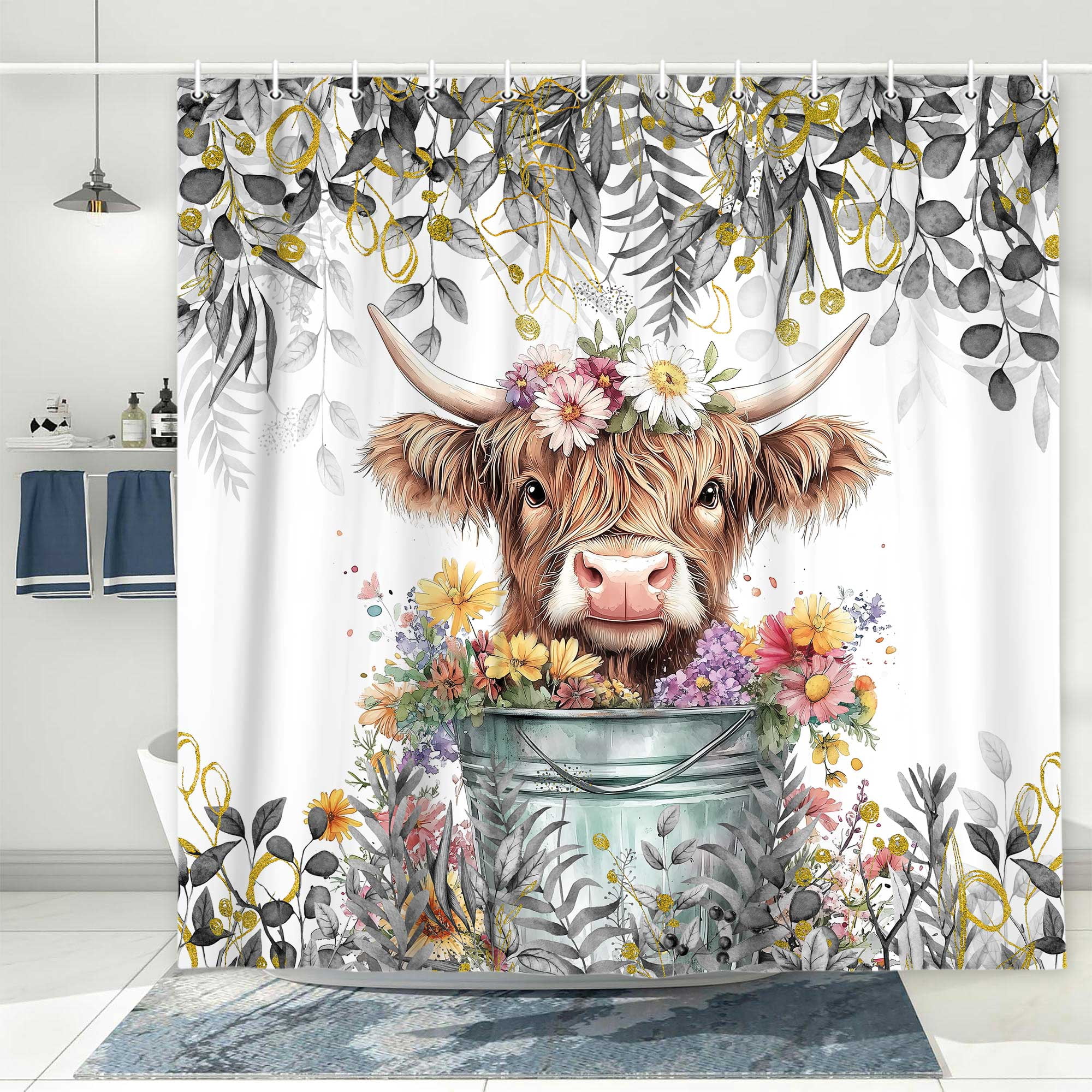 Gray Grey Eucalyptus Highland Cow Shower Curtain, Watercolor Plant Leaves with Floral Farmhouse Bath Curtain, Funny Animals Bathroom Accessories Botanical for Bathroom Curtain Set with Hooks, 72X72in