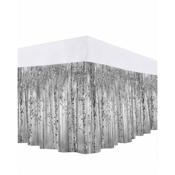 Gray Grey Forest Bed Skirt Queen Size, Grey Modern Art Oil Painting Wrap Around Bed Skirting with Adjustable Elastic Strap, Dust Ruffle Pleated Bedskirts 16 Inch Drop for Bedroom Queen Beds
