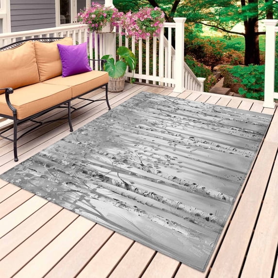 Gray Grey Forest Outdoor Rug for Patio/Deck/Porch, Non-Slip Large Area Rug 5 x 7 Ft, Grey Modern Art Oil Painting Indoor Outdoor Rugs Washable Area Rugs, Reversible Camping Rug Carpet Runner