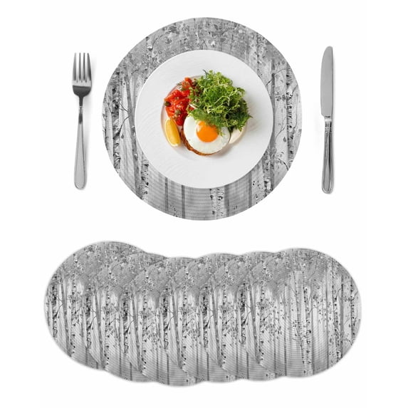 Gray Grey Forest Round 15 Inch Placemats Set of 6, Grey Modern Art Oil Painting HeatResistant Non Slip Place Mats for Dining Table, Wipeable Braided Kitchen Table Mats for Housewarming
