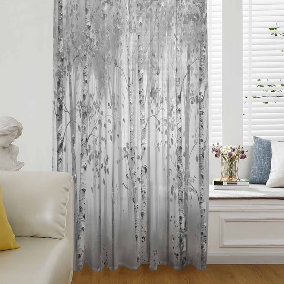 Gray Grey Forest Semi Sheer Curtains Drapes for Living Room, Bedroom, French Doors Window 84 Inches Long, Grey Modern Art Oil Painting Rod Pocket Chiffon Curtain Drapery Voile Draperies Panel