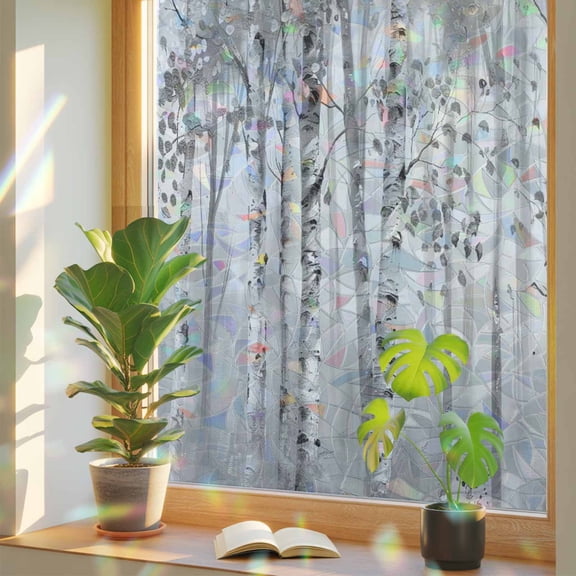 Gray Grey Forest Window Privacy Film Rainbow Static Cling Stain Glass Window Film for Glass Door, Decorative Sunroof Decal Sticker for Car Bathroom Home 23.6"x59" Grey Modern Art Oil Painting