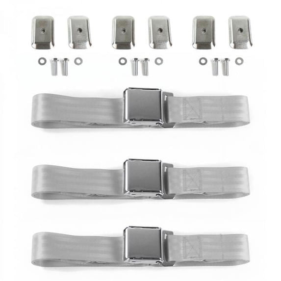 Gray & Grey Lap Bench Seat Belt Kit with Bracketry for 1975-1979 Chevy Nova Airplane 2 Point - 3 Belts