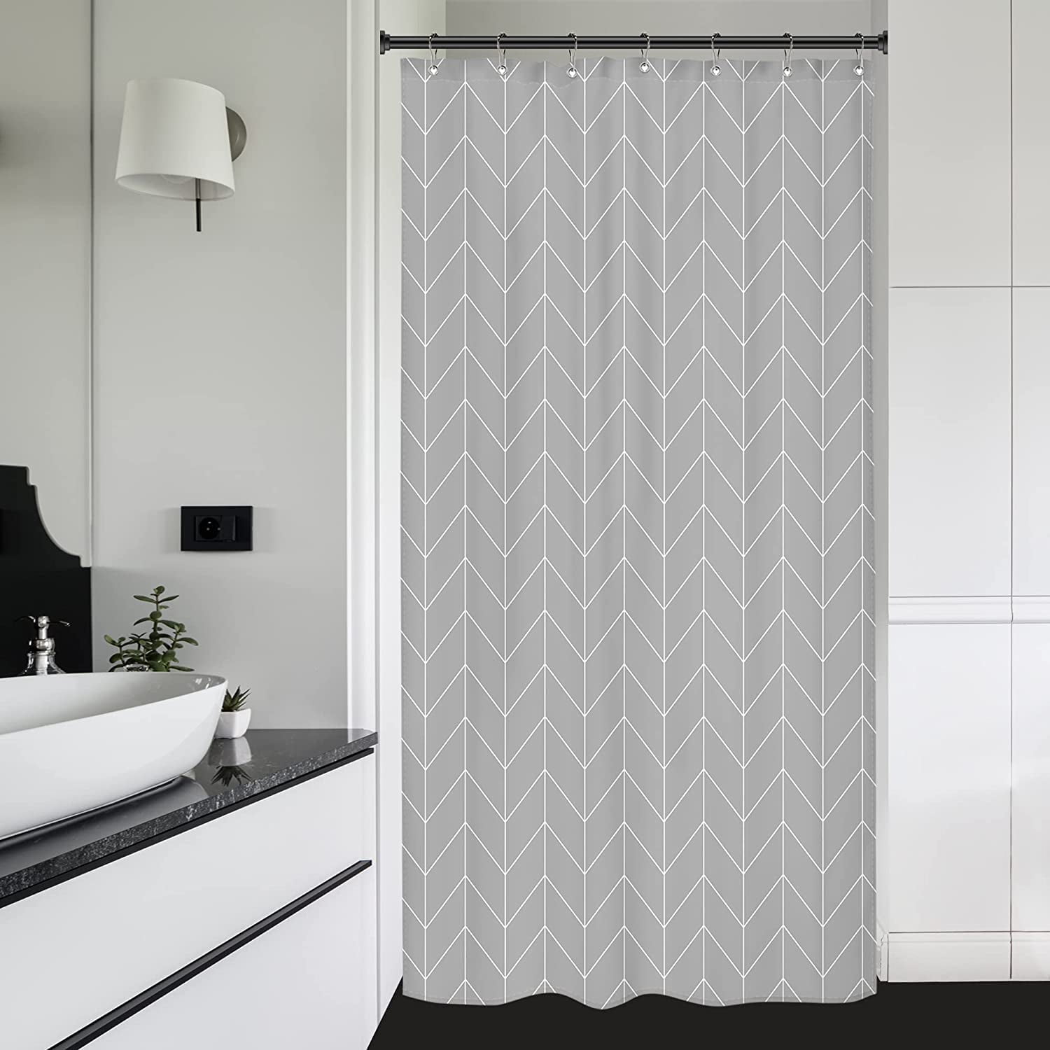 Gray Grey Stall Small Dorm Grey Half Size Fabric Shower Curtain Liner for Bathroom Stand Up 36x72 Inches Wide Single Narrow Chevron Herringbone