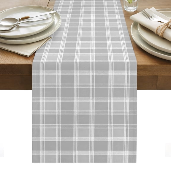 Gray Grid Table Runner, Minimalist Slate Grey Plaid Stripes Vintage Country Washable Kitchen Table Runners Dress Scarves for Dining Table Decorations Party/Restaurant/Indoor Outdoor Use, 13x36in