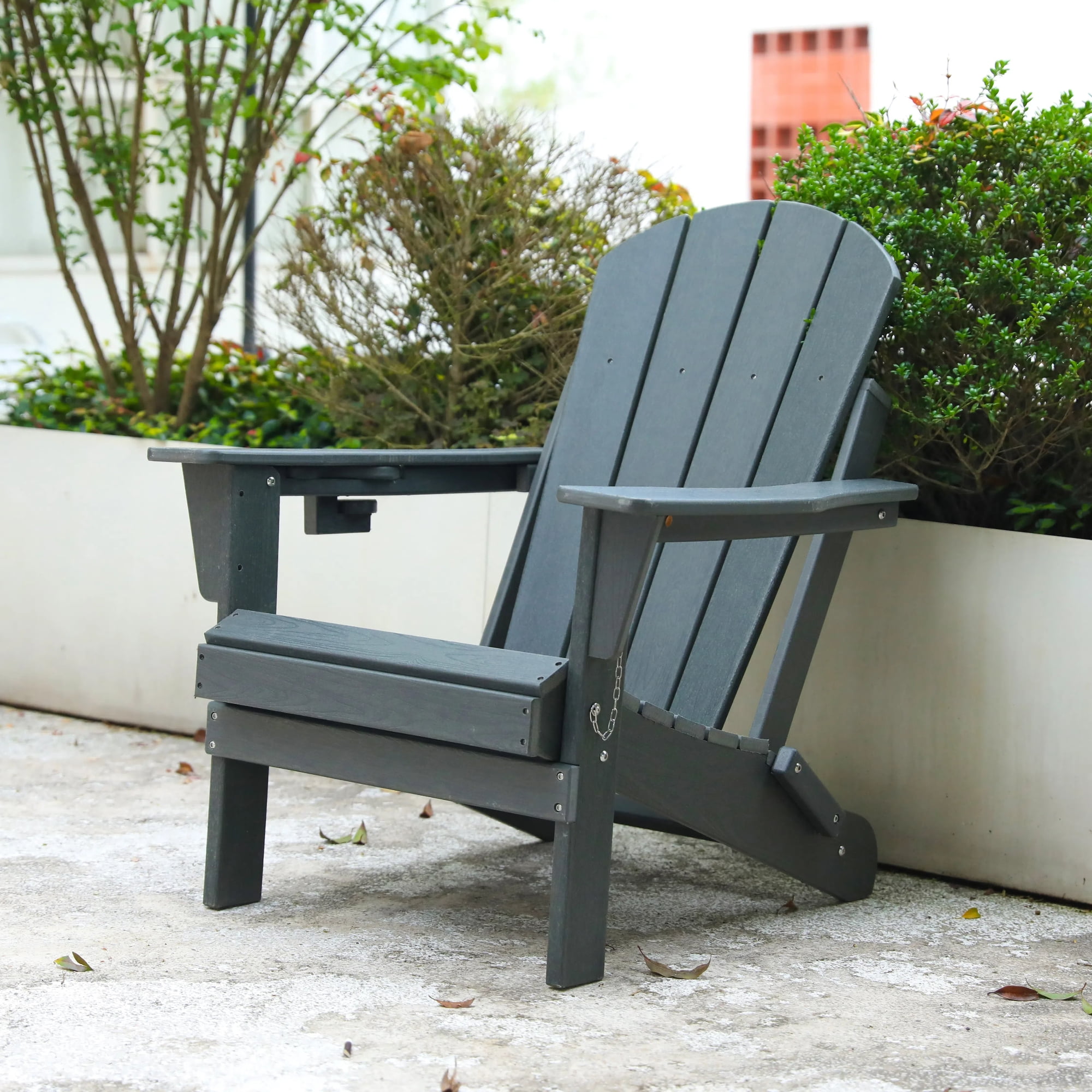 Gray HDPE Folding Adirondack Chair with Dual Cup Holders, Wood‑Textured Weather‑Resistant Composite Outdoor Patio Lounge Chair