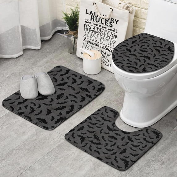 Gray Halloween Bats and Spider Webs Bathroom Rugs Sets 3 Piece,Toilet Cover Set,Absorbent Non Slip Bathroom Mats Sets with U-Shaped Contour Rug Toilet Rug Set