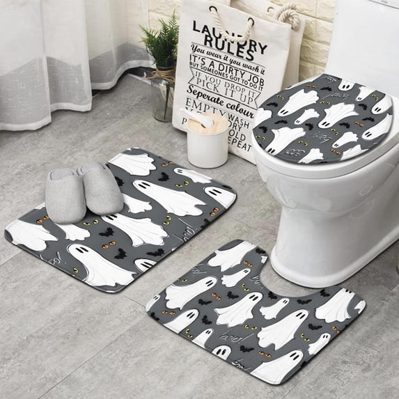 Gray Halloween Ghosts Bats and Boo Bathroom Rugs Sets 3 Piece,Toilet Cover Set,Absorbent Non Slip Bathroom Mats Sets with U-Shaped Contour Rug Toilet Rug Set