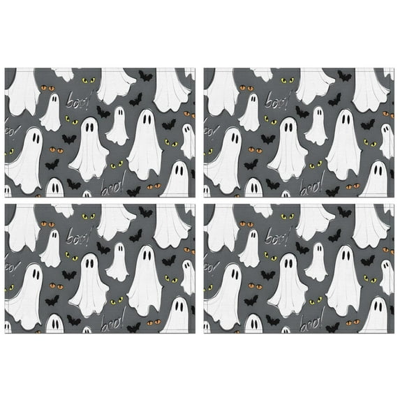 Gray Halloween Ghosts Bats and Boo Summer Placemats Table Placemats Set Of 4-Linen Kitchen Washable Placemats Table Mats 11.8"x17.7" Non-Slip Heat Resistant