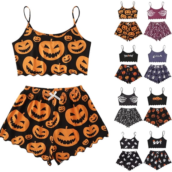 Gray Halloween Pajamas Women Polyester,Spandex 2 Piece,Soft Fabric,Sleepwear,Spooky Season XL
