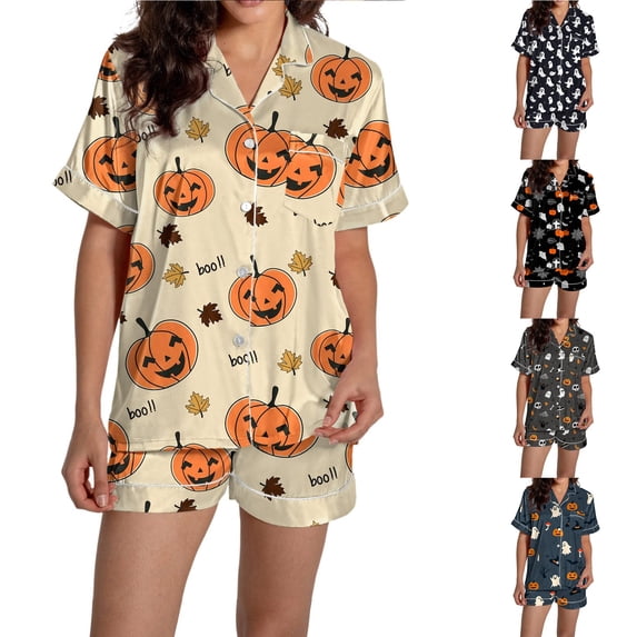 Gray Halloween Pajamas Women Satin Y2k Cute Printed Short Sleeve High Waist Shorts Set Homewear Pajama Set M