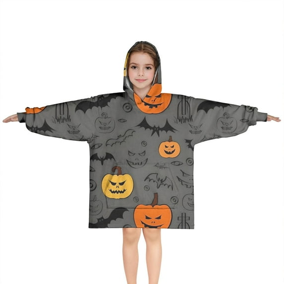 Gray Halloween Pumpkins Bats and Faces Blanket Hoodies for Kids 6-13YR Oversize Wearable Blanket Hoodies for Boys Girls Teens