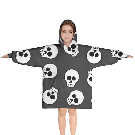 Gray Halloween Skulls Blanket Hoodies for Kids 6-13YR Oversize Wearable Blanket Hoodies for Boys Girls Teens