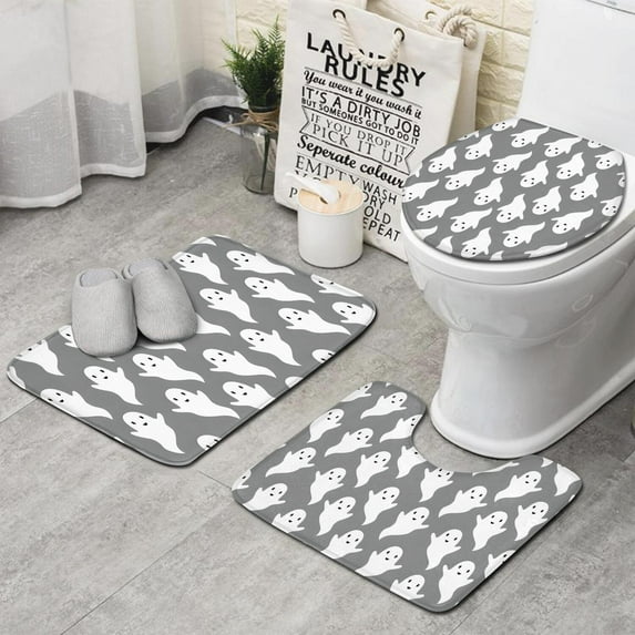 Gray Halloween White Ghosts Bathroom Rugs Sets 3 Piece,Toilet Cover Set,Absorbent Non Slip Bathroom Mats Sets with U-Shaped Contour Rug Toilet Rug Set