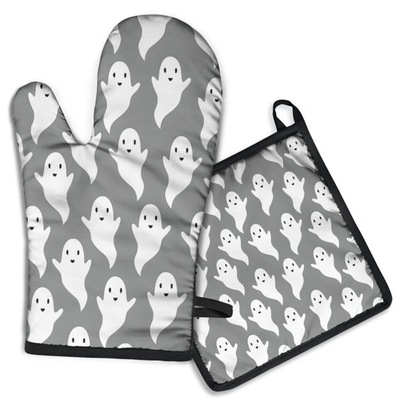 Gray Halloween White Ghosts Kitchen Oven Mitt and Pot Holder Sets 2 Pcs for Baking, Cooking and Grilling, Heat Resistant Up To 392 °F