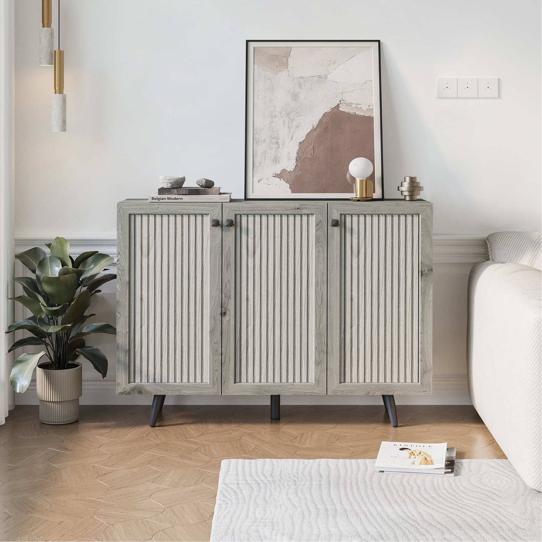 Gray Hallway Storage Cabinet With Hinges And Handles Wood - Gray, Three ...