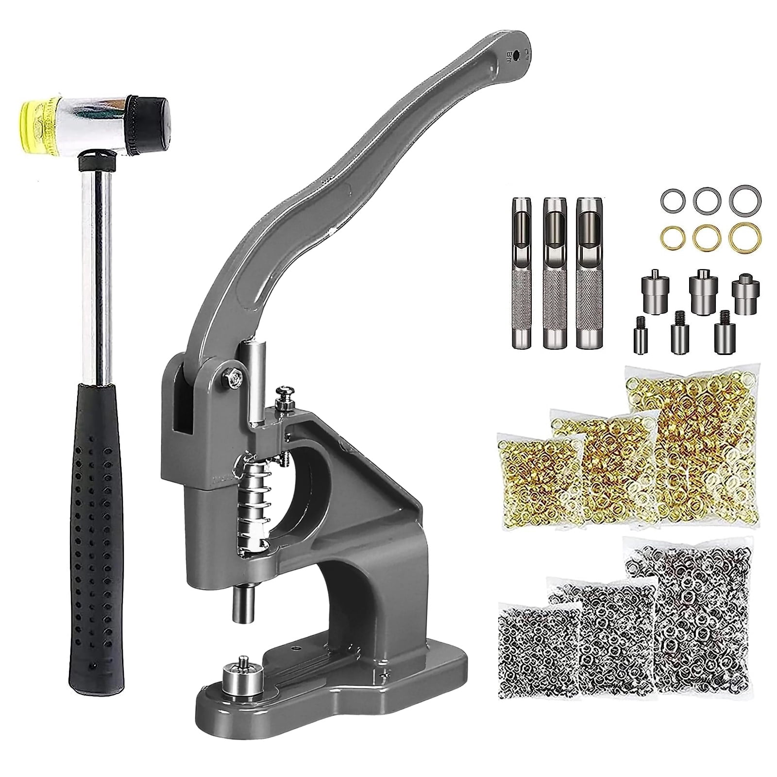 3000pcs Hand Press Grommet Machine, Heavy Duty Eyelet Grommet Machine Punch Tool Kit with Dies, Grommets, and Hammer for Snap Buttons, Rivets, Eyelets, and Pearls (Gray)