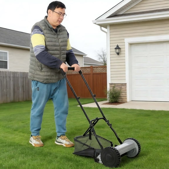Gray Hand-push Rotary Lawn Mower with Grass Collection Bag, Environmentally Friendly, Low Maintenance Cost and Easy To Operate.