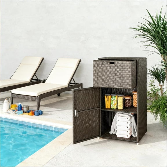 Gray Handwoven PE Rattan Pool Storage Cabinet with Drawer & Magnetic Door, 23.623.647.2 Inch Outdoor Towel Rack for Patio Spa Bathroom