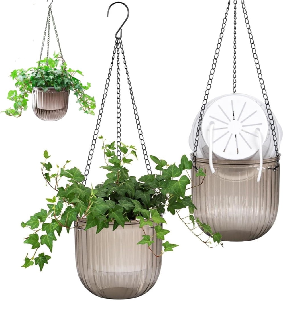 Gray Hanging Planter with Drainage Hole,Set of 3 Small Flower Pots,Double Layer Planter Design,Visible Water Level Plant Hanger,for Flower,Green Plant,Succulent