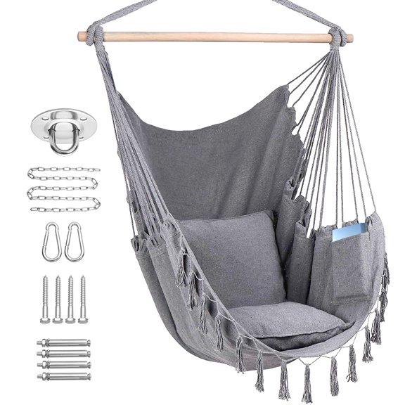 Gray Hanging Rope Swing Chair with Cushions and Hardware Kit