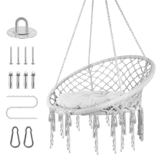 Gray Woven Hammock Chair, Dual Suspension Styles, 100% Breathable Cotton, Boho Swing Chair, Ceiling Hanging Chair, Bedrooms, Gardens, Cafes