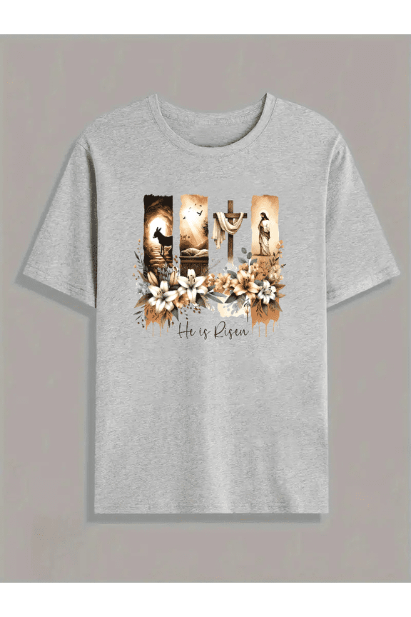 Gray He is Risen Easter Graphic Tees Print Tshirt S-3XL Shirts Tops