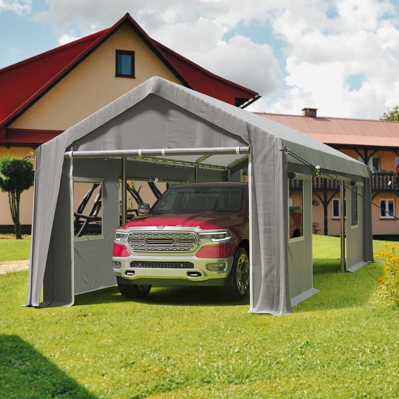 Gray 12' x 20' Portable Metal Carport with Windows