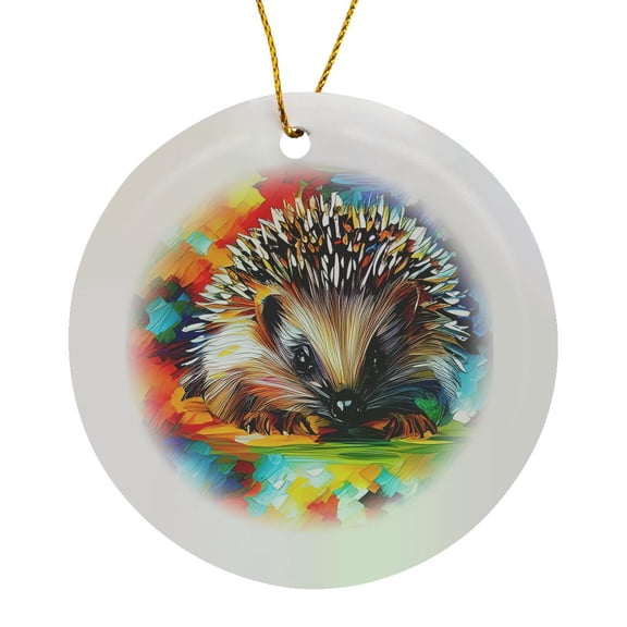 3drose, Gray Hedgehog Animal Against the Colorful Background Gifts for Family, Circle Porcelain Ornament