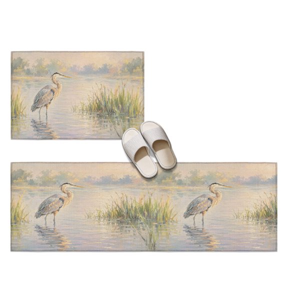 Gray Heron 2 Pieces Non-Slip Kitchen Mat Set, Coastal Rustic Reed Water Reflection Misty Serene Soft Door Mat with Rubber Backing, Dirtproof Rugs for Entrance Doorway, 23.6x35.4in+23.6x70.9in