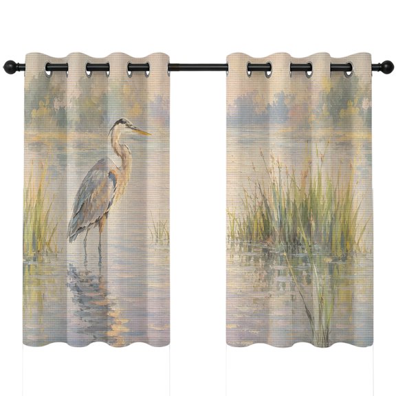 Gray Heron Blackout Curtains 45 Inches Long, Coastal Rustic Reed Water Reflection Misty Serene Thermal Insulated Room Darkening Drapes with Grommets for Living Room 42"W x 45"L, 2 Panels