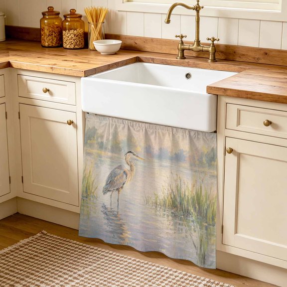 Gray Heron Cabinet Curtain, Coastal Rustic Reed Water Reflection Misty Serene Sink Skirt for Bathroom, Under Sink shelf Curtain Privacy Drape for Kitchen Laundry Room 35x35in