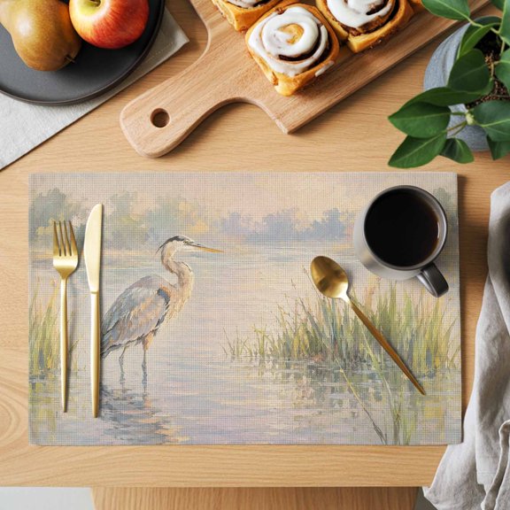 Gray Heron Placemats Set of 1 Coastal Rustic Reed Water Reflection Misty Serene Heat Insulation Washable Place Mats, Non-Slip Table Mats for Dining Table Party Kitchen Decor, 13x19 Inch