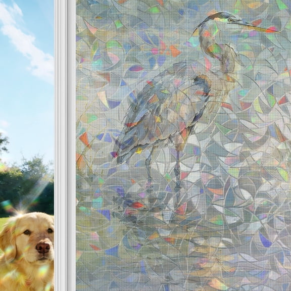 Gray Heron Rainbow Window Privacy Film, Coastal Rustic Reed Water Reflection Misty Serene Stained Glass Window Film, Sun Blocking Glass Clings Non Adhesive Door Stickers 17.7 x 39.3 Inches