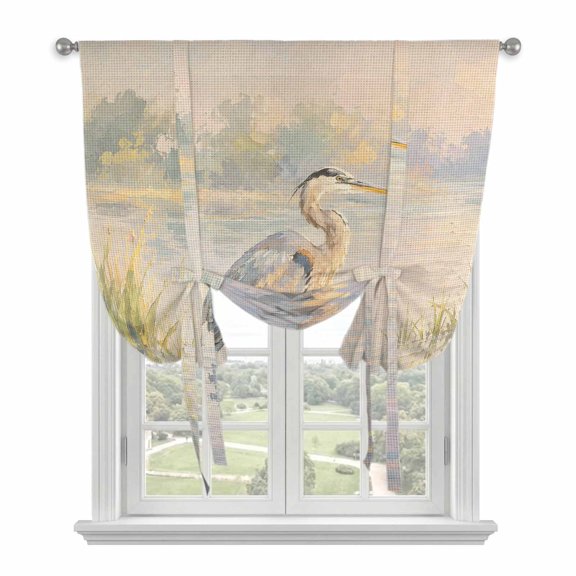 Gray Heron Tie Up Balloon Window Curtain 34W x 45L Inch, Coastal Rustic Reed Water Reflection Misty Serene Rod Pocket Adjustable Tie Up Curtains Small Kitchen Sink Curtains for Cafe Bedroom
