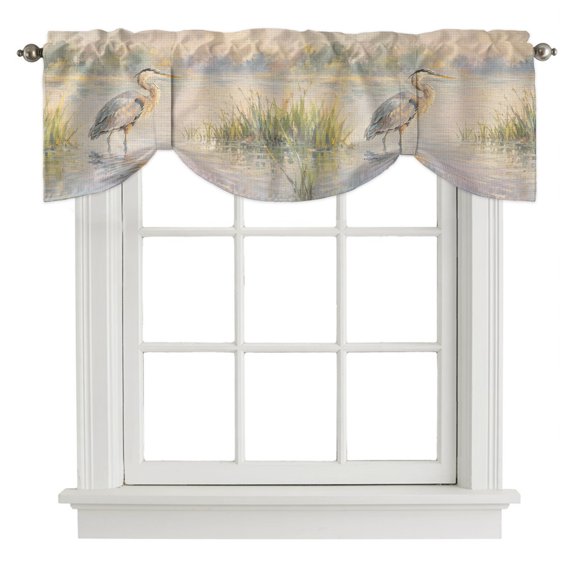 Gray Heron Tie Up Valances Curtain, Coastal Rustic Reed Water Reflection Misty Serene Adjustable Valance for Window Light Filtering for Kitchen and Bathroom Rod Pocket 1 Panel 54x18in