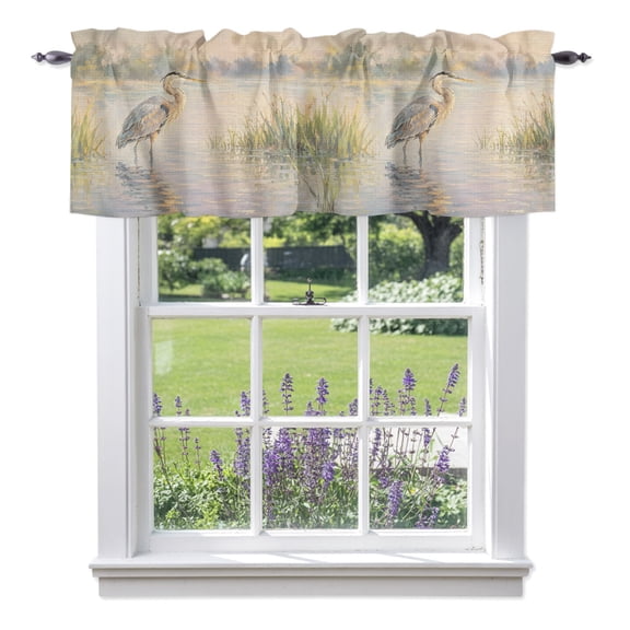 Gray Heron Valance Curtain 1 Panel, Coastal Rustic Reed Water Reflection Misty Serene Kitchen Valance with Rod Pocket Window Treatment Short Curtains for Bathroom Bedroom, 60 x 18 Inches