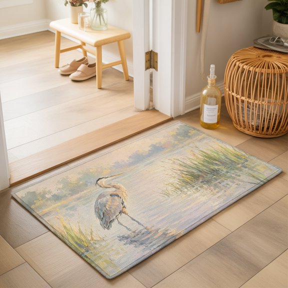 Gray Heron Washable Small Entryway Area Rugs 2'x3', Coastal Rustic Reed Water Reflection Misty Serene Washable Throw Rug Non-Slip Sturdy Edge Binding Carpet for Front Door Floor Room Entry