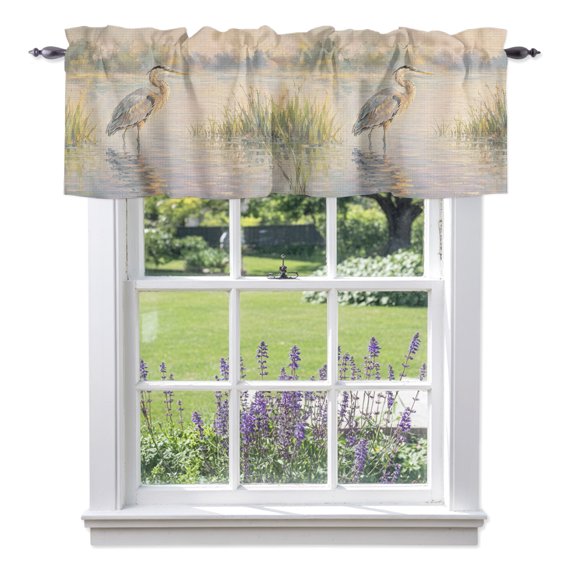 Gray Heron Window Valance for Kitchen, Coastal Rustic Reed Water Reflection Misty Serene Rod Pocket Short Curtains for Bathroom Bedroom Small Window, Light Filtering Decorative Valances, 42x12 Inches
