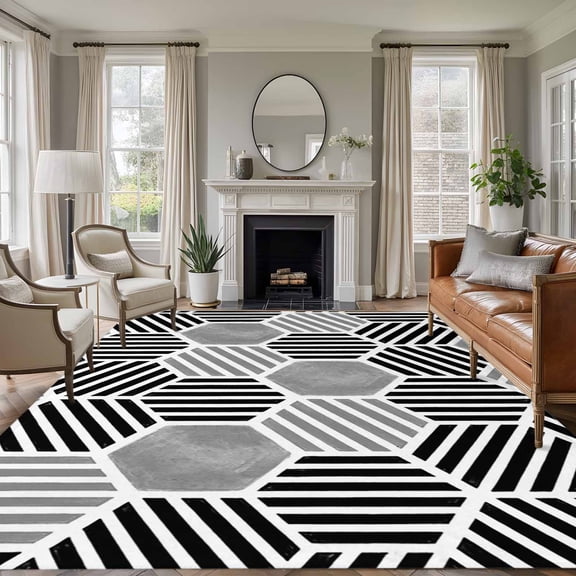 Gray Hexagon 5x7 Rug for Living Room Sofa and Coffee Table Layout, Modern Abstract Art Geometric Black Striped Washable Non Slip Rectangle Area Rug
