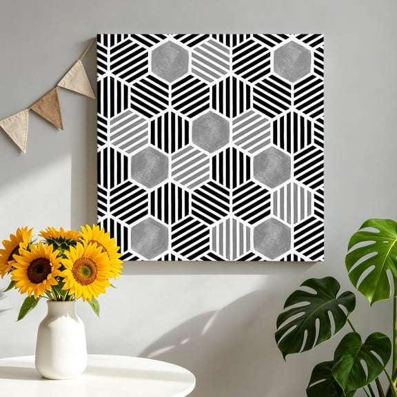 Gray Hexagon Canvas Wall Art, Modern Abstract Art Geometric Black Striped Framed Canvas Wall Decor Picture Print Artwork Decorations for Living Room Office Ready to Hang 16" x 16"